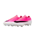 A pair of pink and white Nike soccer cleats featuring a large black swoosh and clear studs, shown against a plain white background.