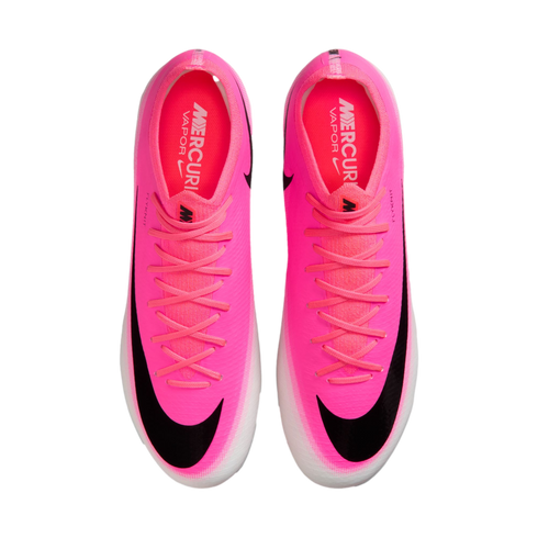 Top-down view of two bright pink Nike Mercurial Vapor soccer cleats with black swoosh logos and matching pink laces.