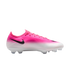 Profile view of a pink and white gradient Nike soccer cleat with a black swoosh and white studded soleplate.