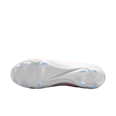 Underside view of a white soccer cleat featuring a white soleplate with light blue molded studs and a Nike swoosh logo in the center.