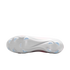 Underside view of a white soccer cleat featuring a white soleplate with light blue molded studs and a Nike swoosh logo in the center.