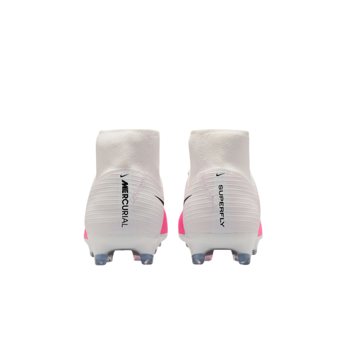 Rear view of white Nike Mercurial Superfly football boots with pink accents, showing vertical branding on the heels.