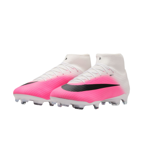 A pair of Nike soccer cleats featuring a pink and white gradient upper, black Nike swoosh, and a white sock-like collar.