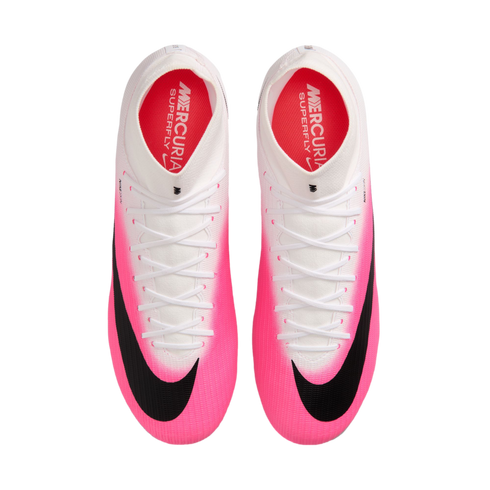 Top-down view of a pair of Nike Mercurial Superfly soccer cleats with a bright pink and white gradient upper, black Nike swooshes, and white laces.