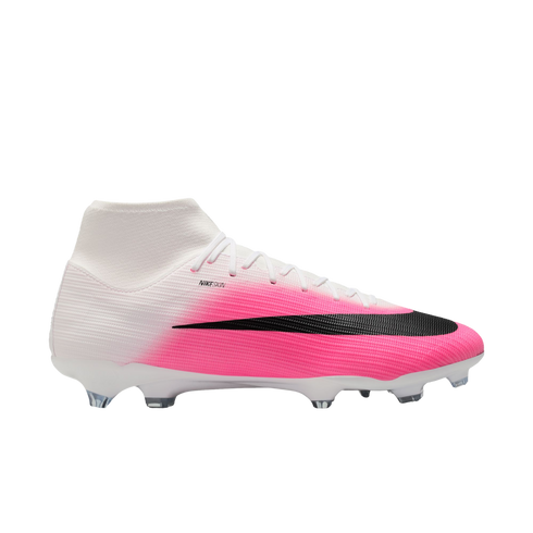 A Nike soccer cleat featuring a white to bright pink gradient upper, a large black swoosh, and white studs.