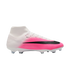 A Nike soccer cleat featuring a white to bright pink gradient upper, a large black swoosh, and white studs.