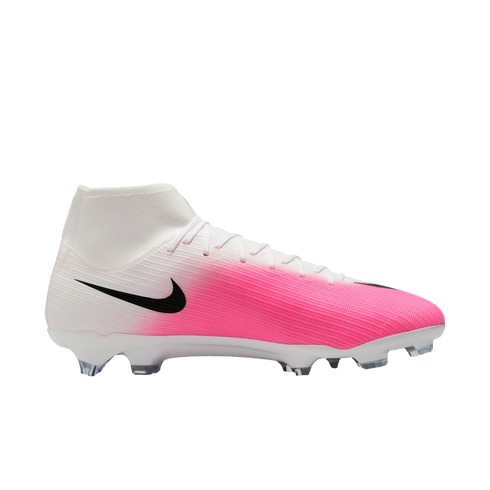 A white and vibrant pink Nike soccer cleat with a black Swoosh and a high-top sock-like collar.
