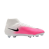 A white and vibrant pink Nike soccer cleat with a black Swoosh and a high-top sock-like collar.