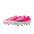 A pair of bright pink and white Nike soccer cleats with a black swoosh, positioned against a plain white background.