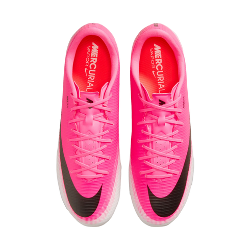 Top-down view of a pair of bright pink Nike Mercurial Vapor soccer cleats with black swooshes and pink laces against a white background.