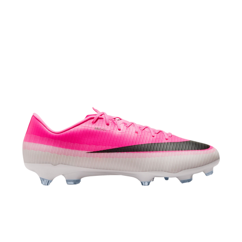 Pink and white Nike Mercurial soccer cleat with a black swoosh and clear studs.