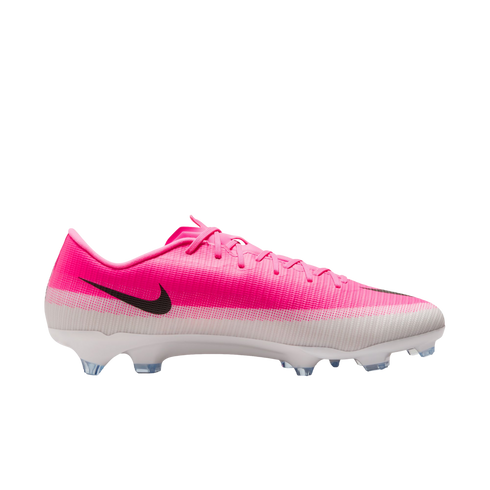Side profile of a pink and white Nike Mercurial soccer cleat with a black swoosh logo and clear-tipped studs on a white soleplate.