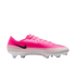 Side profile of a pink and white Nike Mercurial soccer cleat with a black swoosh logo and clear-tipped studs on a white soleplate.