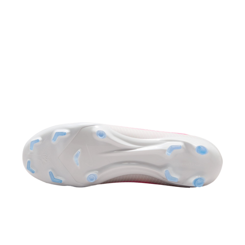 Bottom view of a white Nike soccer cleat featuring a white soleplate and translucent light blue studs.