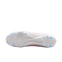 Bottom view of a white Nike soccer cleat featuring a white soleplate and translucent light blue studs.