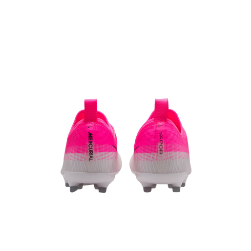 A rear view of bright pink and white Nike Mercurial Vapor soccer cleats against a plain white background.
