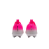 A rear view of bright pink and white Nike Mercurial Vapor soccer cleats against a plain white background.