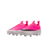 A pair of neon pink and white gradient Nike soccer cleats featuring a black swoosh and white studs, set against a plain white background.