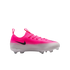 Side profile of a pink and white Nike soccer cleat with a black swoosh and white studded sole, isolated on a white background.