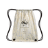 A cream-colored drawstring bag featuring a metallic silver animal print pattern. A black Nike United "NU" logo and two small Nike swooshes are printed in the center. Small text at the bottom reads "MERCURIAL x Lauren James Salma Paralluelo." The bag has b