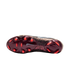 Soleplate view of a Nike Tiempo soccer cleat featuring a dark burgundy base with bright orange studs and a metallic bronze leopard-print pattern on the upper, set against a solid black background.