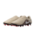 Nike Tiempo Legend 10 soccer cleats in beige with a leopard-print heel and bright orange-tipped studs, set against a black background.