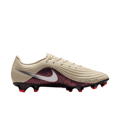 Side view of a beige Nike soccer cleat with a maroon leopard-print panel, a silver swoosh, and a black soleplate with red studs.