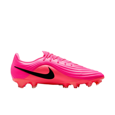 A profile view of a bright pink Nike soccer cleat with a large black swoosh, pink laces, and red-toned studs, set against a plain white background.