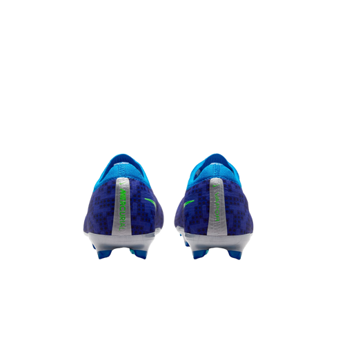 Rear view of blue and purple Nike Mercurial Vapor soccer cleats with silver heel strips and green accents, against a white background.