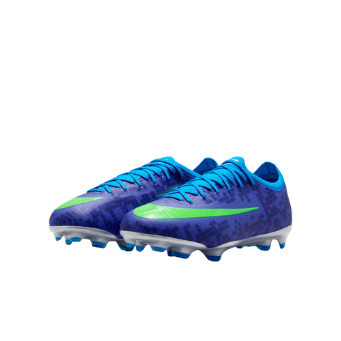 A pair of purple and blue patterned Nike soccer cleats featuring a lime green swoosh and blue laces.