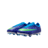 A pair of purple and blue patterned Nike soccer cleats featuring a lime green swoosh and blue laces.