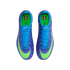 Overhead view of purple and blue Nike soccer cleats with a subtle LEGO brick pattern, lime green swooshes, and LEGO logos on the bright green insoles.