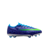 Side view of a blue soccer cleat with a dark blue grid pattern, featuring a lime green swoosh and a silver soleplate with blue studs.