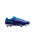 Profile of a blue Nike soccer cleat with a dark geometric pattern, neon green swoosh, blue laces, and a silver soleplate with blue studs on a white background.
