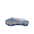 The metallic silver sole of a purple Nike soccer cleat, featuring bright blue studs, against a plain white background.