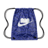 A blue drawstring bag with a LEGO stud pattern. A white Nike swoosh in the center features a LEGO brick top.