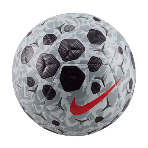 A light gray Nike soccer ball featuring a dark gray camouflage pattern, textured black pentagonal shapes, and a bright red swoosh logo, set against a solid black background.
