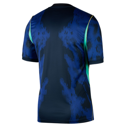 Back view of a navy blue short-sleeved jersey with a blue vertical-striped pattern and bright green side accents with yellow trim against a black background.