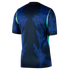 Back view of a navy blue short-sleeved jersey with a blue vertical-striped pattern and bright green side accents with yellow trim against a black background.