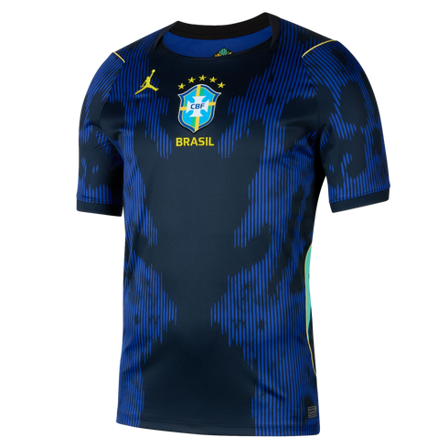 Dark blue Brazil football jersey with a vibrant blue vertical line pattern, a yellow Jordan logo, and a centered CBF crest with 'BRASIL' text.