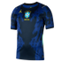 Dark blue Brazil football jersey with a vibrant blue vertical line pattern, a yellow Jordan logo, and a centered CBF crest with 'BRASIL' text.