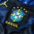 Close-up of a dark blue Brazil football jersey featuring the CBF crest with five stars, yellow "BRASIL" text, and a yellow Jordan Jumpman logo.