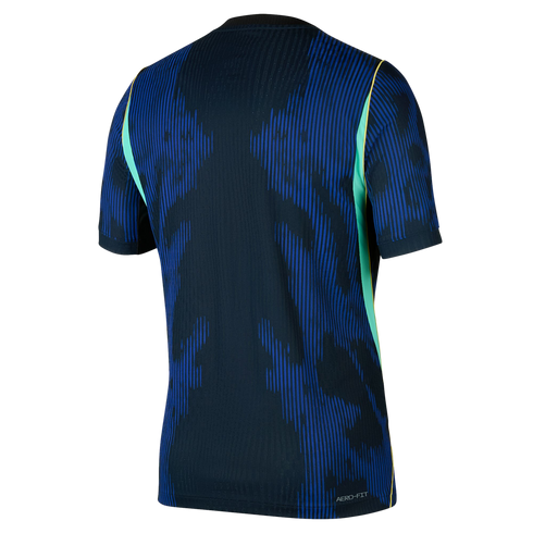 Back view of a navy blue athletic jersey with royal blue pinstripe patterns and lime green side accents.