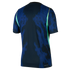 Back view of a navy blue athletic jersey with royal blue pinstripe patterns and lime green side accents.