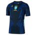 Dark blue Brazil national team soccer jersey featuring bright blue abstract stripes, a yellow Jumpman logo, and a central team crest with five stars.