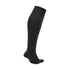 Side-view of a single black knee-high athletic sock with a ribbed cuff and a small orange logo near the toe.
