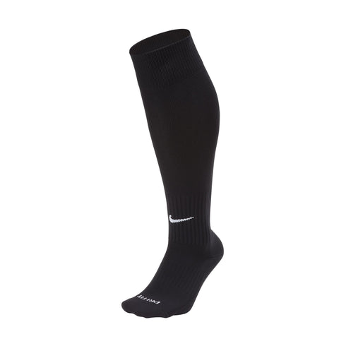 A single black knee-high Nike athletic sock with a white swoosh logo on the front and white "DRI-FIT" text on the toe.