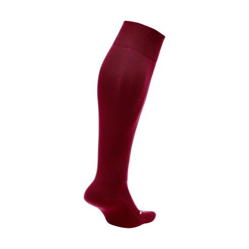 A single maroon knee-high athletic sock with ribbed cuffs and ankle support, shown from a side profile against a solid black background.