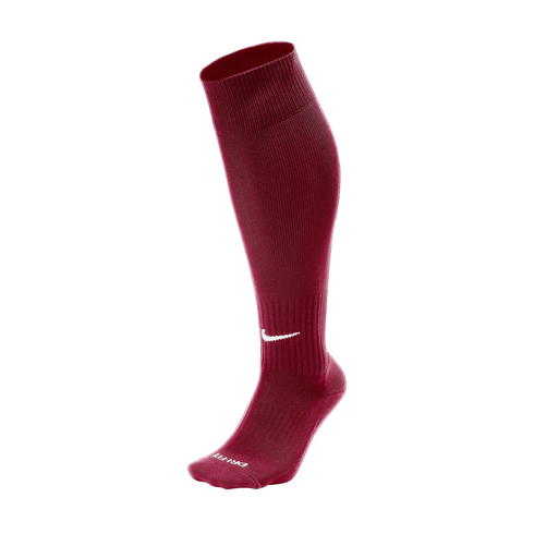 Maroon Nike knee-high athletic sock with a white swoosh logo and DRI-FIT text on the toe, isolated on a black background.