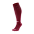 Maroon Nike knee-high athletic sock with a white swoosh logo and DRI-FIT text on the toe, isolated on a black background.